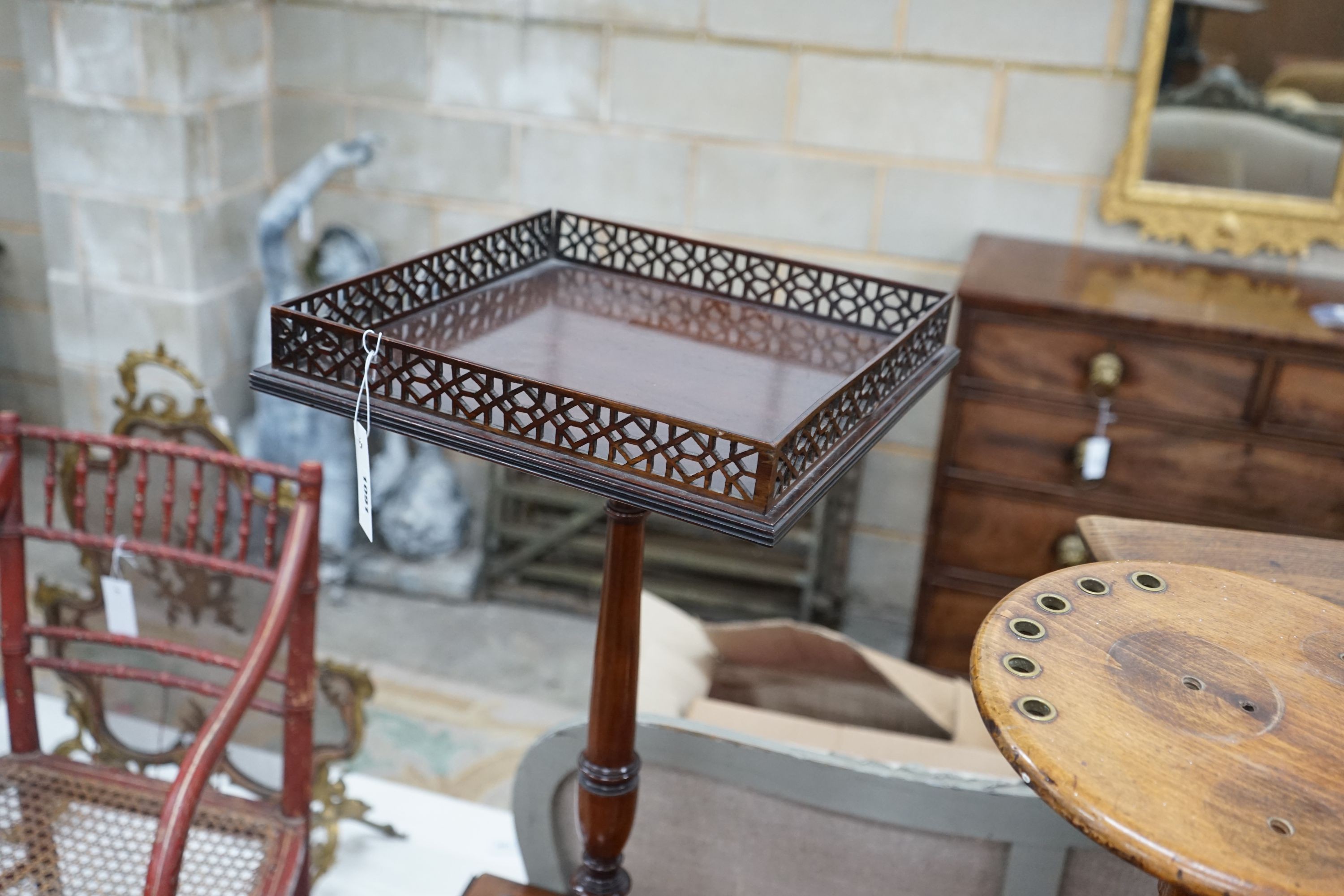 A George III style mahogany galleried tripod wine table, width 36cm, height 81cm